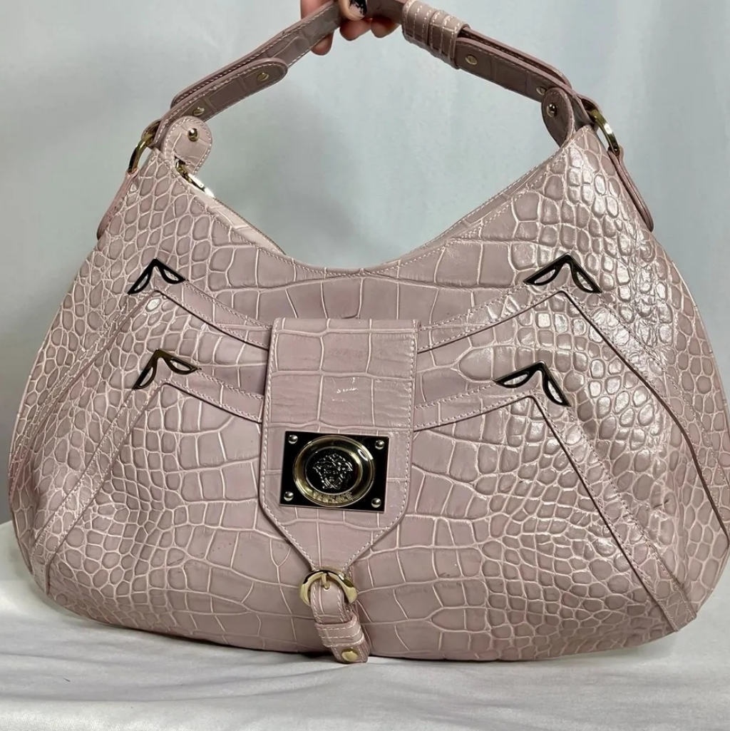 Versace Rare Lavender Crocodile Leather Medusa Hobo Shoulder Bag